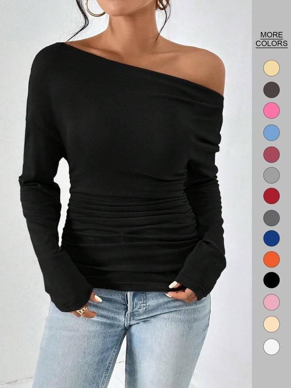 Women's Plain Ruched Asymmetrical Neck Drop Shoulder Tee, Casual Long Sleeve T-Shirt for Spring & Fall, Women's Top for Daily Wear