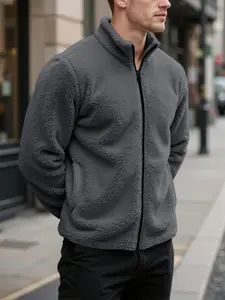 Men's Polar Fleece Jacket with Stand Collar, Slim Fit Elastic Technology, Bubble Sherpa Lining, Minimalist Embroidery & Hidden Zip Pocket, Casual Coat, Coats