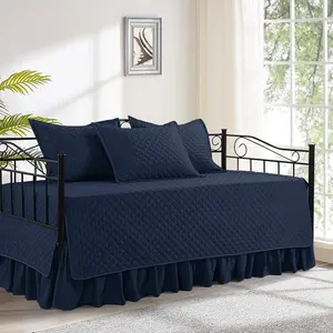 Daybed Cover Sets Diamond Stitching Daybed Bedding Set All Season Cozy Bedding With Bedskirt And Shams Microfiber Filling 5 Pieces Navy Blue