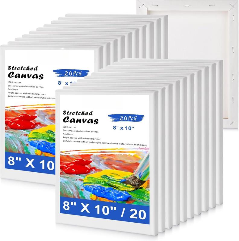Stretched Canvas for Painting - 8x10 Inch/20 Canvas Value Pack - Triple Primer Acid Free  Cotton Blank Canvas for Painting Supplies Oil and  Pouring Art Watercolor