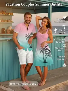 2026 Vacation Couple Outfit for Beach Ombre Coconut Tree Print Mini Dress and Men's Short Sleeve Button Up Shirt Matching Set High Waist Casual
