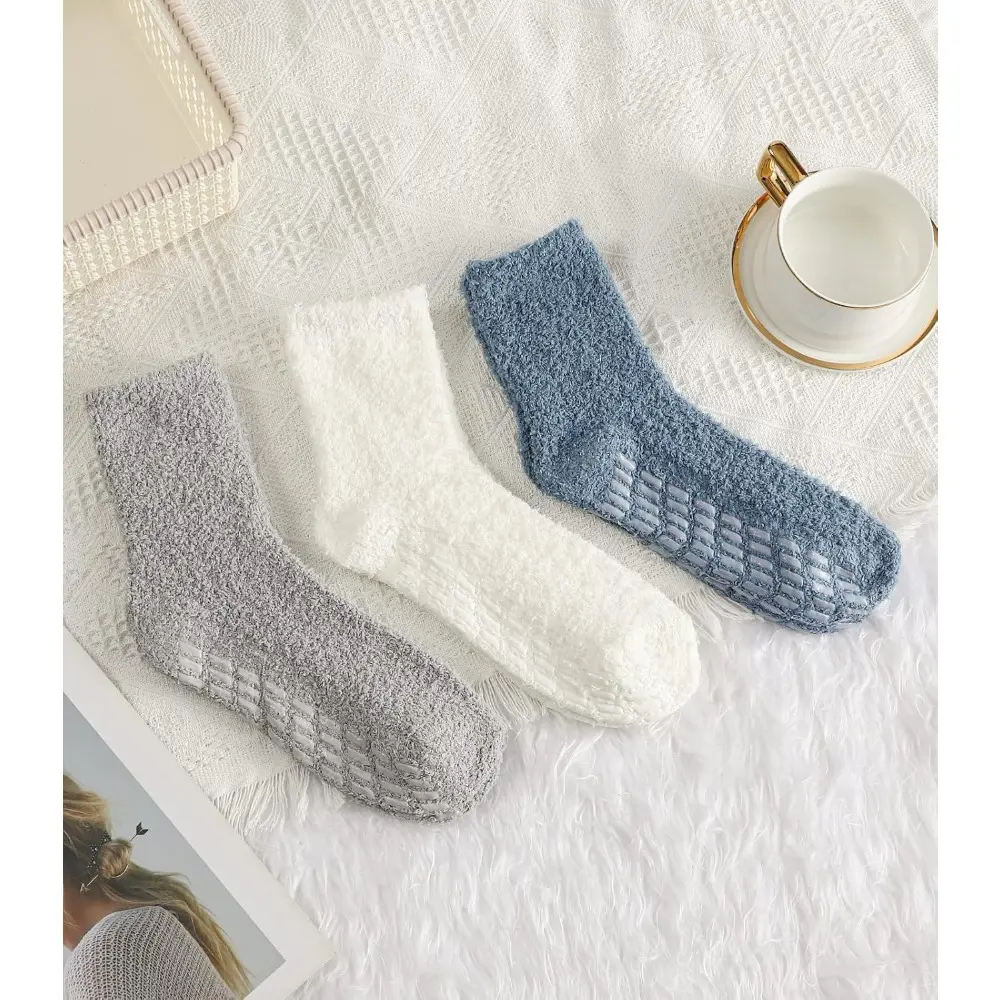 Pack of 3 Cozy Fuzzy Slipper Socks - Polyester Spandex Blend, Solid Color, Thick Plush Home Socks for Winter, Non-Slip Warm Sleeping Socks, Hand Washable