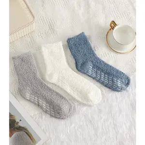 Pack of 3 Cozy Fuzzy Slipper Socks - Polyester Spandex Blend, Solid Color, Thick Plush Home Socks for Winter, Non-Slip Warm Sleeping Socks, Hand Washable