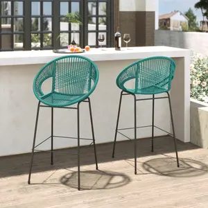[SOIYELIFE] Outdoor Patio Teal Faux Wicker Barstool, Set of 2