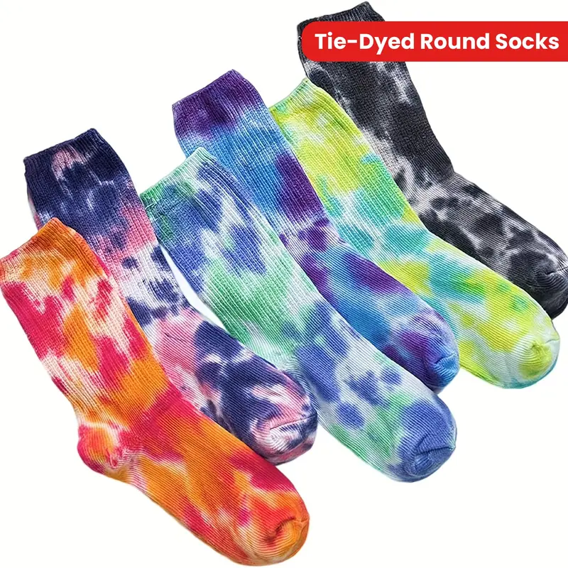 Adults' Unisex 7-Pair Multicolor Polyester Tie Dye Tube Socks - Hip-Hop Street Style for Spring & Summer Workout, Outdoor Sports Activities, Workout Socks