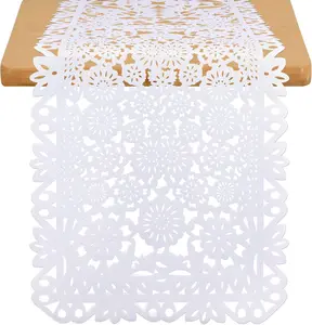 14 x 84 Inches Mexican Party Table Runner White Papel Picado Tablecloth Runner Fabric Table Decoration for Cinco De Mayo Mexican Wedding Fiesta Party Supplies (1)