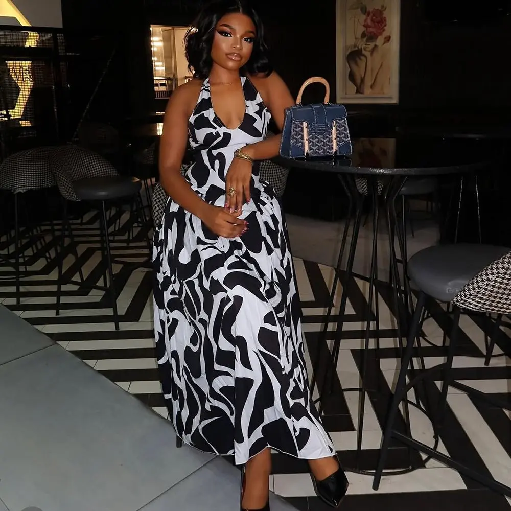2025 New Lady's Casual Wear Halter Neck Long Dress, Fashion Zebra Print Check Sexy Womens Sports & Outdoor Clothing