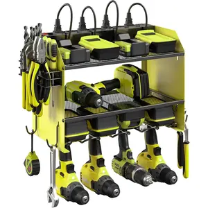Modular Power Tool Organizer Wall Mount with  Station. Garage Drill Storage Shelf with Hooks, Heavy Duty Rack, Tool  Holder Built in 8 Outlet.  for Men. Green, 2 Pack.