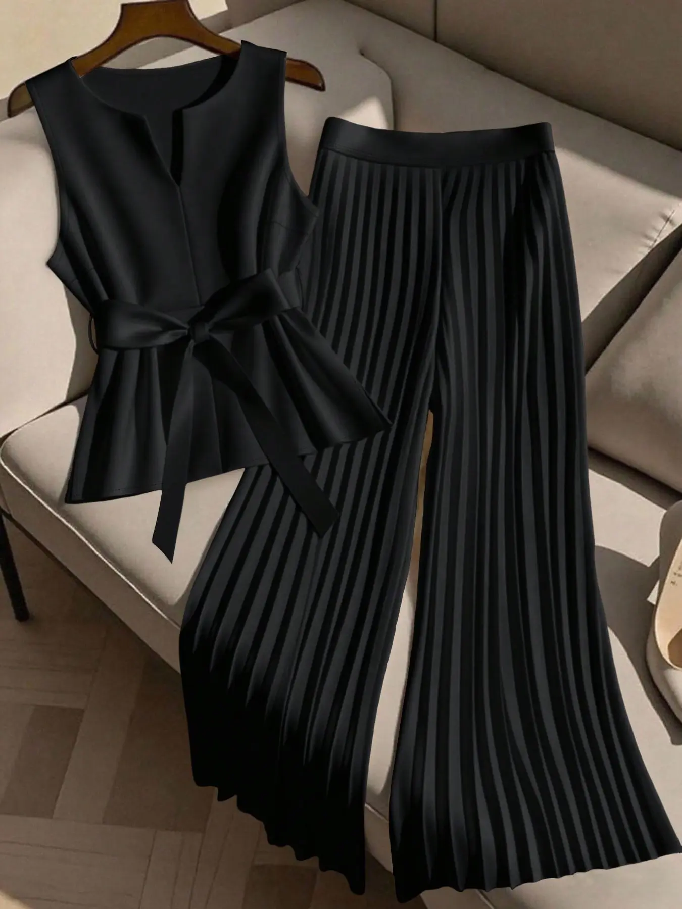 Plus Size Women's Sleeveless Belted Vest + Pleated Wide Leg Pants Set, Womenswear, Lady, Office Chic, Elegant, Conceals Belly, Casual Wear