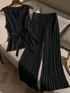 Plus Size Women's Sleeveless Belted Vest + Pleated Wide Leg Pants Set, Office Chic, Conceals Belly, Casual Wear