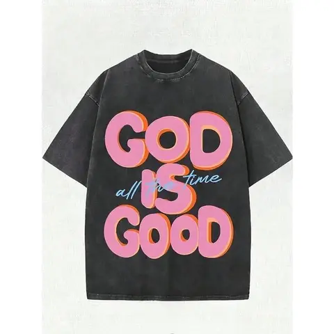 Women's Washed Premium Cotton Crew Neck T-Shirt - Soft, Biker, New Year Casual Wear, Unisex Breathable Loose Knitted Top with "God Is Good All The Time" Slogan