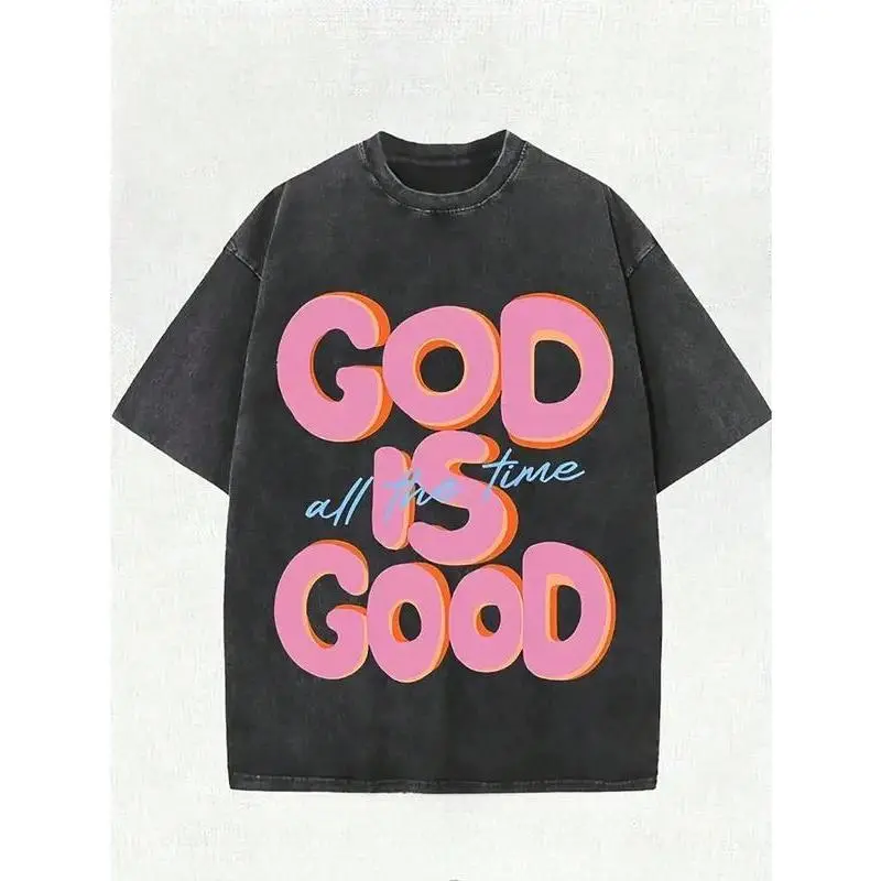 Women's Washed Premium Cotton Crew Neck T-Shirt - Soft, Biker, New Year Casual Wear, Unisex Breathable Loose Knitted Top with "God Is Good All The Time" Slogan