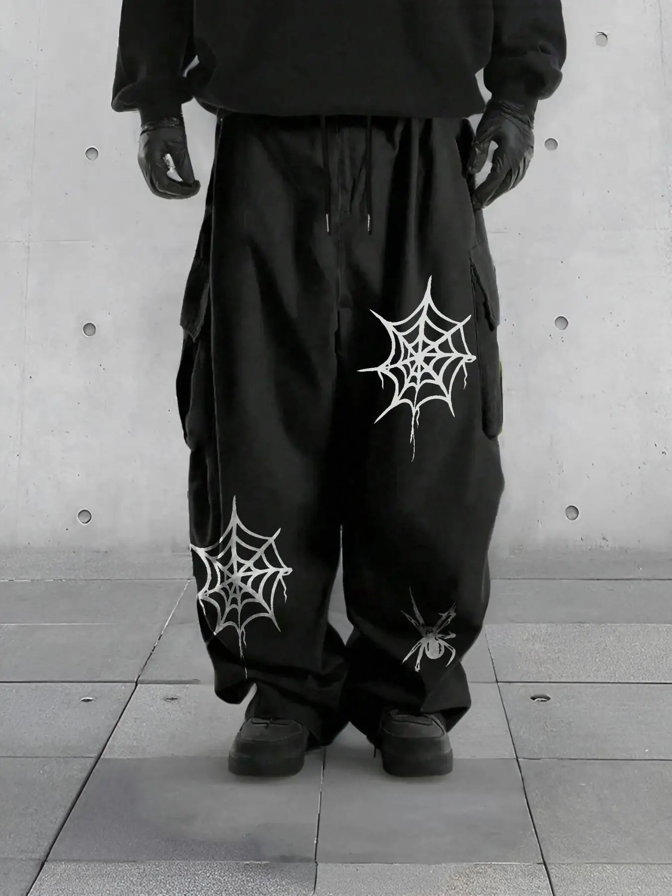 Men's Spider Print Drawstring Waist Wide Leg Pants, Street Fashion Casual Spider Web Print Pocket Trousers for Daily Wear, Men's Bottoms for All Seaso