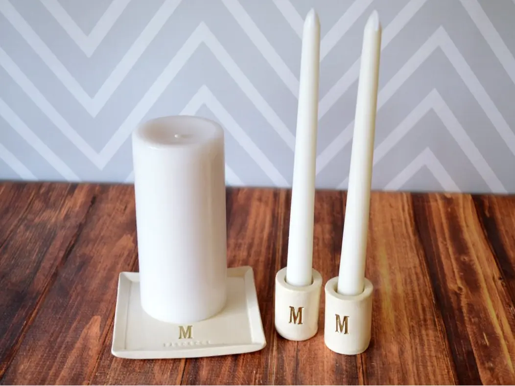 Susabella Personalized Unity Candle Ceremony Set with Ceramic Candle Holders and Square Plate for Weddings