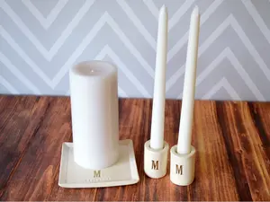 Susabella Personalized Unity Candle Ceremony Set with Ceramic Candle Holders and Square Plate for Weddings