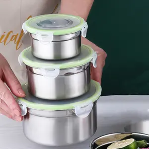 3pcs St304 Stainless Steel Food Storage Containers Set, Reusable Sealed Bowls, Round Lunch Box, Kitchen Preserving Bowl, Oven Freezer Safe