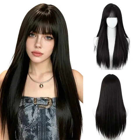 Lotfon Women's Blonde Wig - 25in Long Natural Straight Heat Resistant Synthetic Hair with Bangs, Glueless Realistic Simulated Scalp, Adjustable Snug Fit Hair Synthetic Full Machine Wigs for Daily Wear or Cosplay
