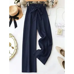 Women’s wide-leg straight-leg pleated pants with an elastic waistband and a bow detail, casual long trousers for ladies, new European style