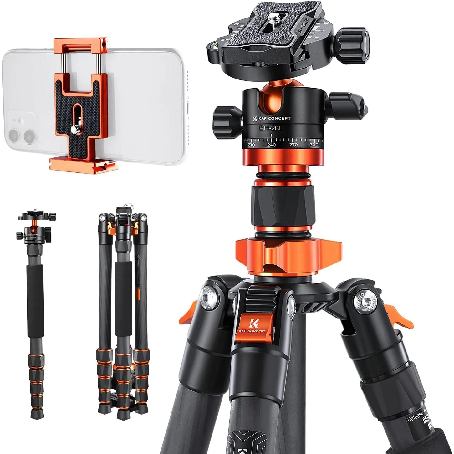 K&F CONCEPT 68" Carbon Fiber Camera Tripod,Compact Tripods with Metal Ball Head,Quick Release Plate,Detachable Monopod 22lbs Load for DSLR with Phone Mount,D255C4+BH-28L, Smartphone, Collapsible