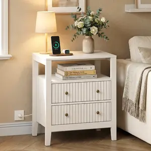RoyalCraft Fluted Nightstand with Charging Station, Modern Bedside Table with 2 Drawers and Open Shelf, Wood Side Table for Bedroom, Living Room, Hallway, White
