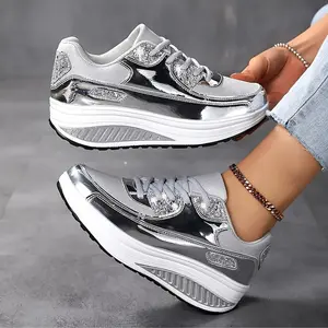 Women's Shiny Silver Glitter Platform Wedge Sneakers with Reflective Detail, Outdoor Walking Shoes Runner Trainer