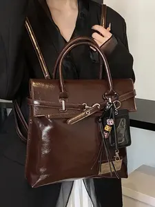 Fashionable  simple   classic Kelly style handbag backpack, with personalized card holder pendant, retro high-quality texture backpack, Trendy backpack, versatile two-color optional, suitable for daily travel, shopping, etc.