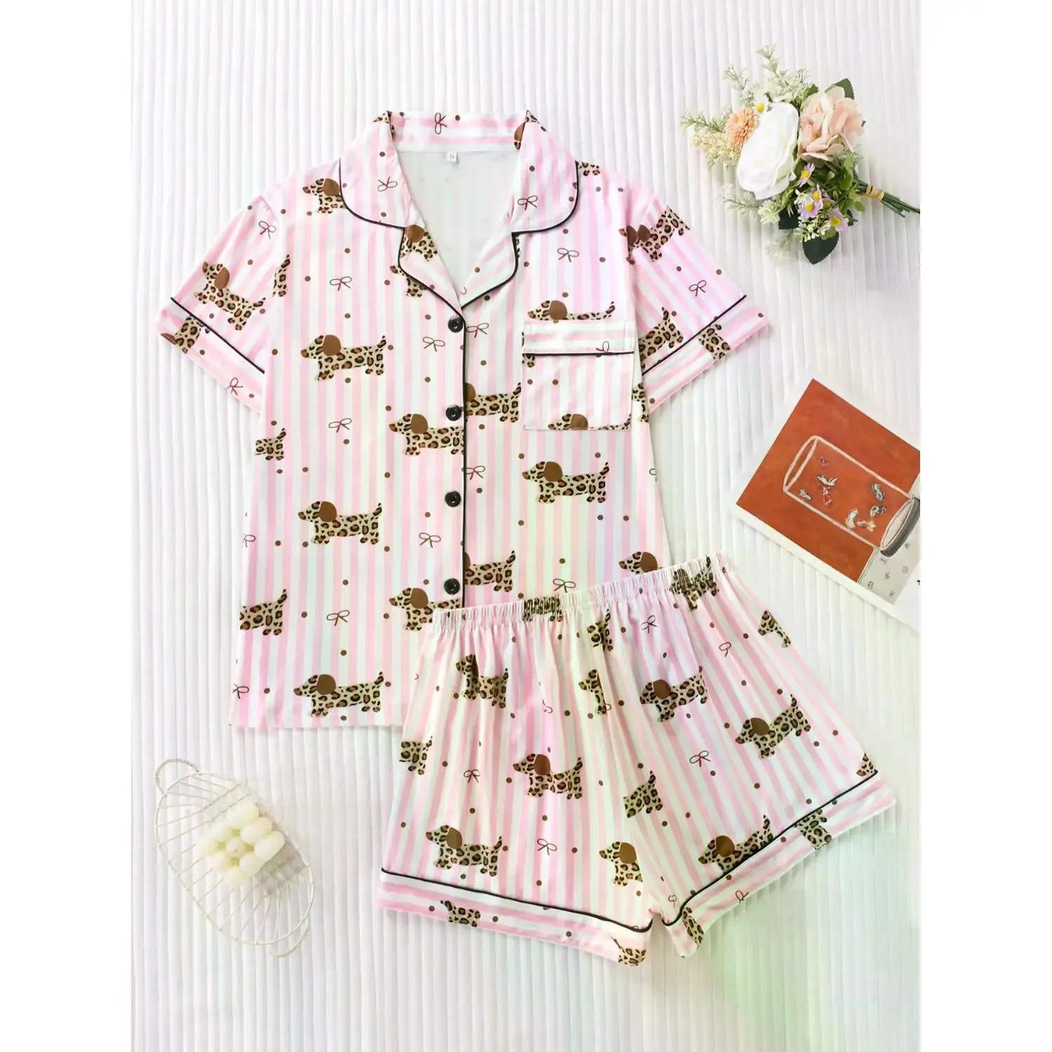 Women's Premium Silk Satin Leopard & Stripe Pajama Set - Short Sleeve Top & Shorts Loungewear