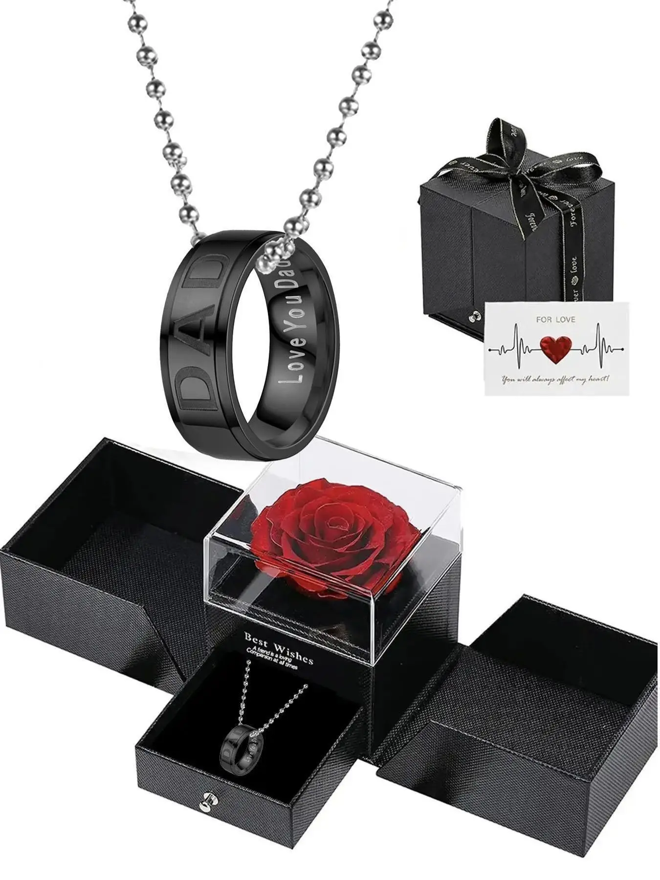 Father's Day Gift: Customizable Hero Dad Ring Necklace, Chain Necklaces, Personalized Jewelry, Multiple Colors, Rose Box Included, Perfect Birthday & Anniversary Gift