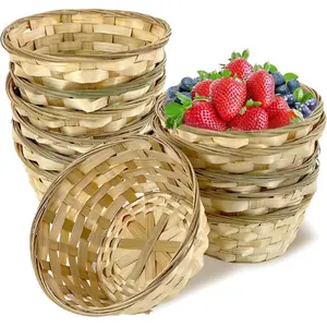 10 Pack Round Gift Baskets, 8 Inch Bamboo Woven Bread Basket Wooden Food Serving Boxes Bin for Fruits Vegetables Snacks Restaurant Thanksgiving Christmas