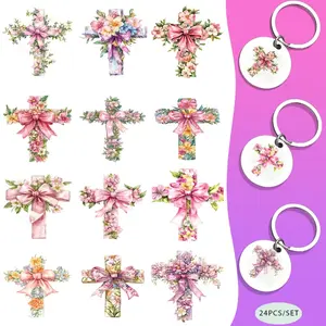 24PCS/Set Spring Floral Cross Coquette Bow Themed UV DTF Keychain DIY Transfer Paper - Waterproof Pattern, Laptop Decoration Excellent Gift Easy To Use