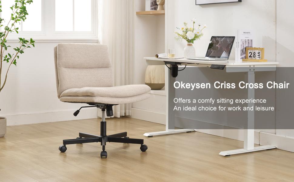 Okeysen Armless Criss Cross Desk Chair with Wheels - Wide Seat, Height-Adjustable, 360-Degree Swivel, Comfy Cross-Legged Task Chair for Home Office, Vanity, Beige
