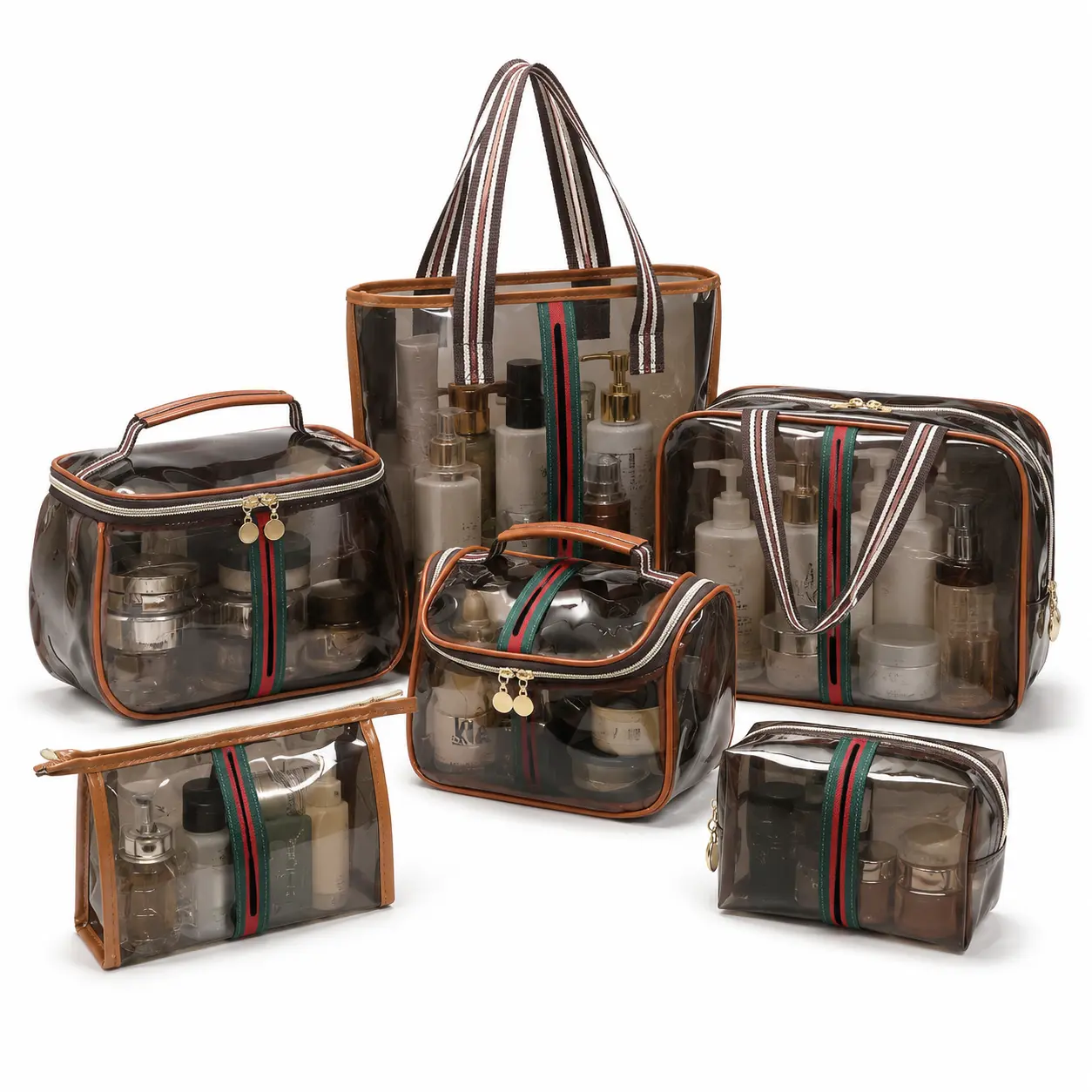 6PCS Retro Clear Toiletry Bag Set for Women, Multi-Size Large Capacity Makeup Organizer, Transparent PVC Travel Cosmetic & Skincare Storage Bags with Handles, Water-Resistant Portable Bathroom Vanity Pouches (Brown), Travel Essentials, Back to School