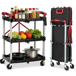 Garvee Foldable 3-Tier Utility Cart with Wheels and Fixed Rope - Collapsible Rolling Service Cart for Home, Office, Garage, and Warehouse Use - No Assembly Needed