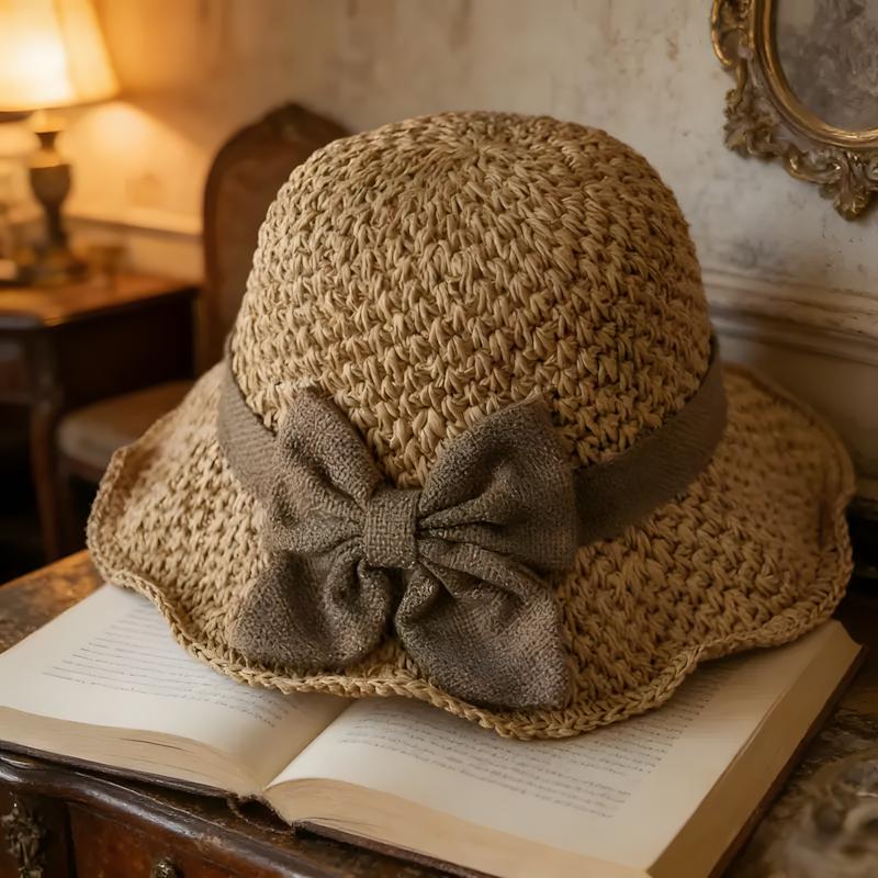 Vintage Handwoven Straw Hat with Ruffle Bow, Elegant French Sun Hat, Foldable Breathable Beach Hat for Travel & Outdoor Wear