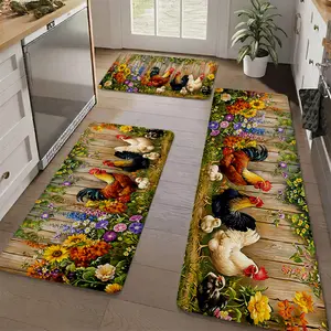 3-Piece Non-Slip Farmhouse Kitchen Rug Set - Rustic Rooster & Sunflower Washable Mats, Aesthetic Floor Runner for Kitchen Sink, Laundry & Country Decor