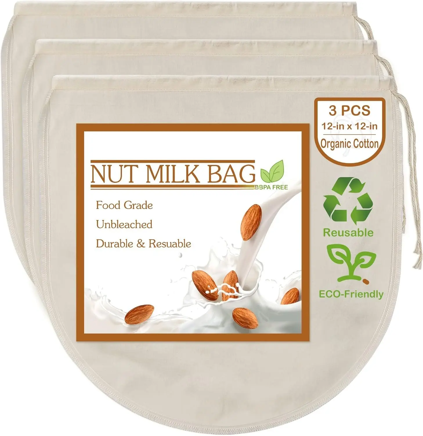 3 count 12"x12" Nut Milk Bags -  Unbleached Cotton Cheesecloth,   Strainer Colander For Straining Almond/Oat Milk, Celery Juice, Cold Brew Coffee, Yogurt and Cheese Making