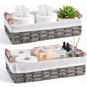 2 Pack Grey Paper Rope Storage Baskets with Handle Decorative Storage Bins for Countertop Toilet Paper Basket for Toilet Tank Top Small Organizing Baskets