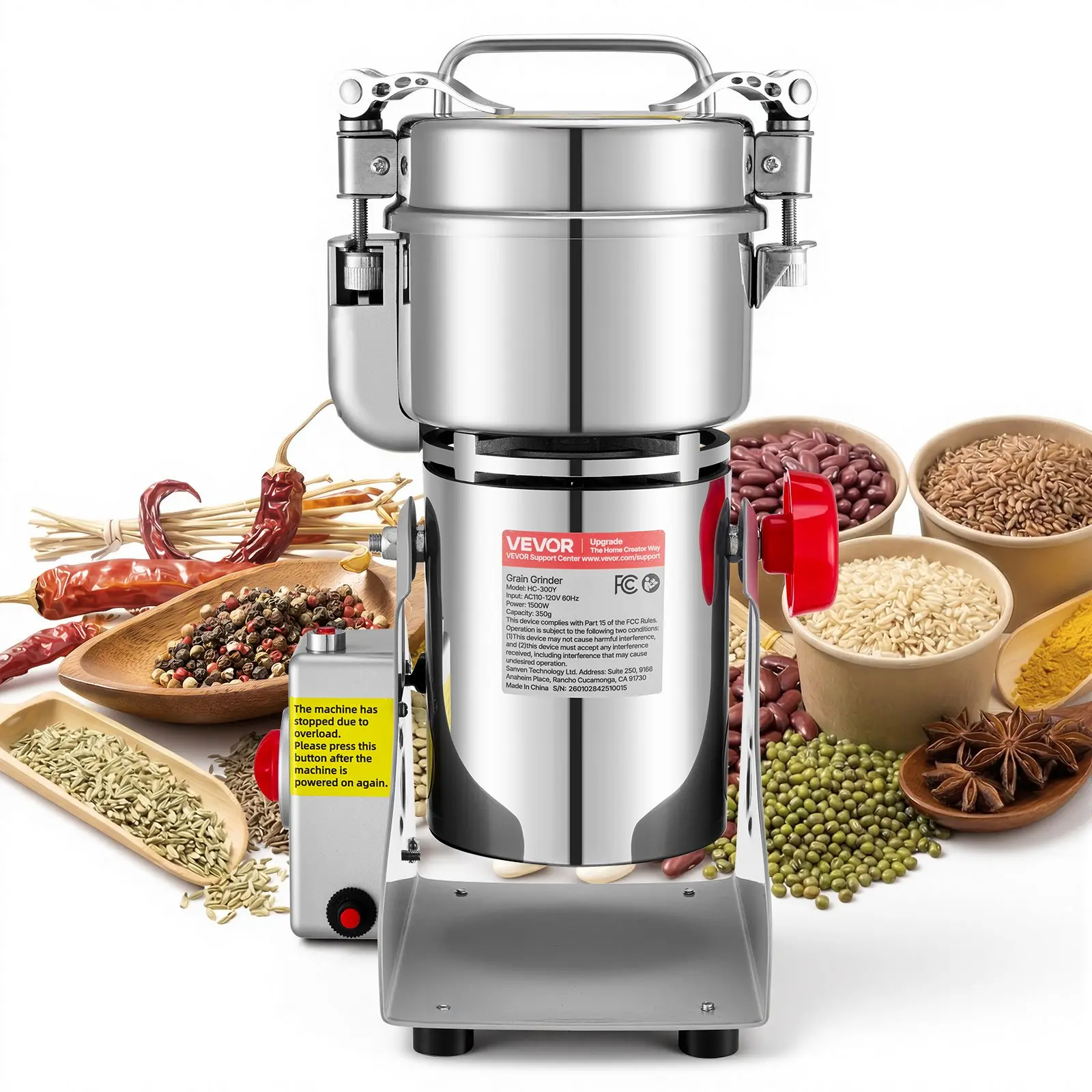 VEVOR Corded Stainless Steel Electric Grain Mill Grinder, 300g 1500W 28000RPM High-Speed Pulverizer for Kitchen Coffee Enthusiasts (270 Swing Type)