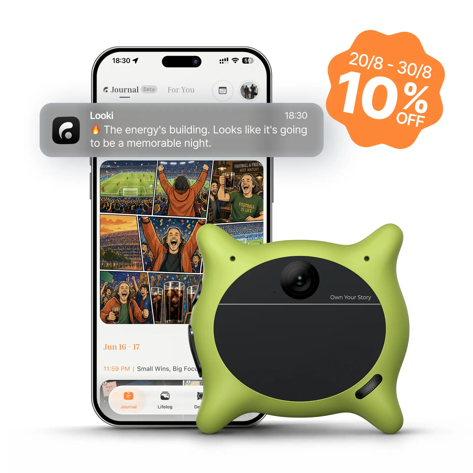 Looki L1 AI Multimodal Wearable for Life, 32g Lightweight Hands-Free Action Lifelogging Device with 1080P Video, 3 Mics, AI Vlogs & Comics, Proactive Intelligence, 32GB Privacy-First Storage （Green））