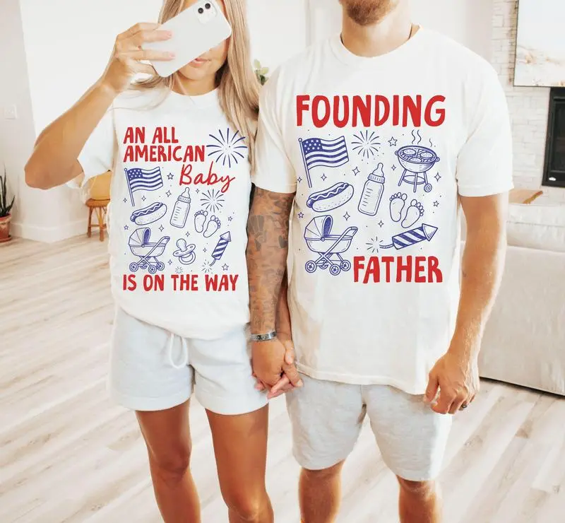 An All American Baby Pregnancy Announcement 4th of July Couple Matching Shirts, Fourth of July TShirts for Pregnant Couples, Expecting Parents Tee