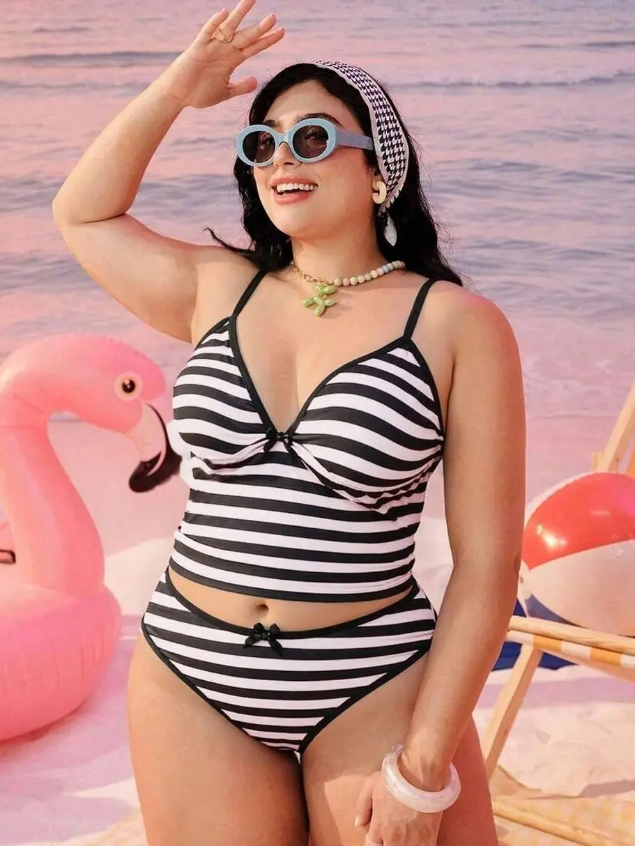 Plus Size Women 2-Piece Geometric Print Blue Tankini Set, Modest Bow High Waist Triangle Bikini Swimwear For Summer Beach Vacation Holiday