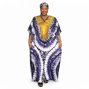 Elegant African Kaftan with Bold Purple Tie-Dye Print and Luxe Gold Detail Flowy Comfortable Stylish with Pockets Perfect for Casual Wear or Special Occasions. Medium grade Ankara  Womenswear