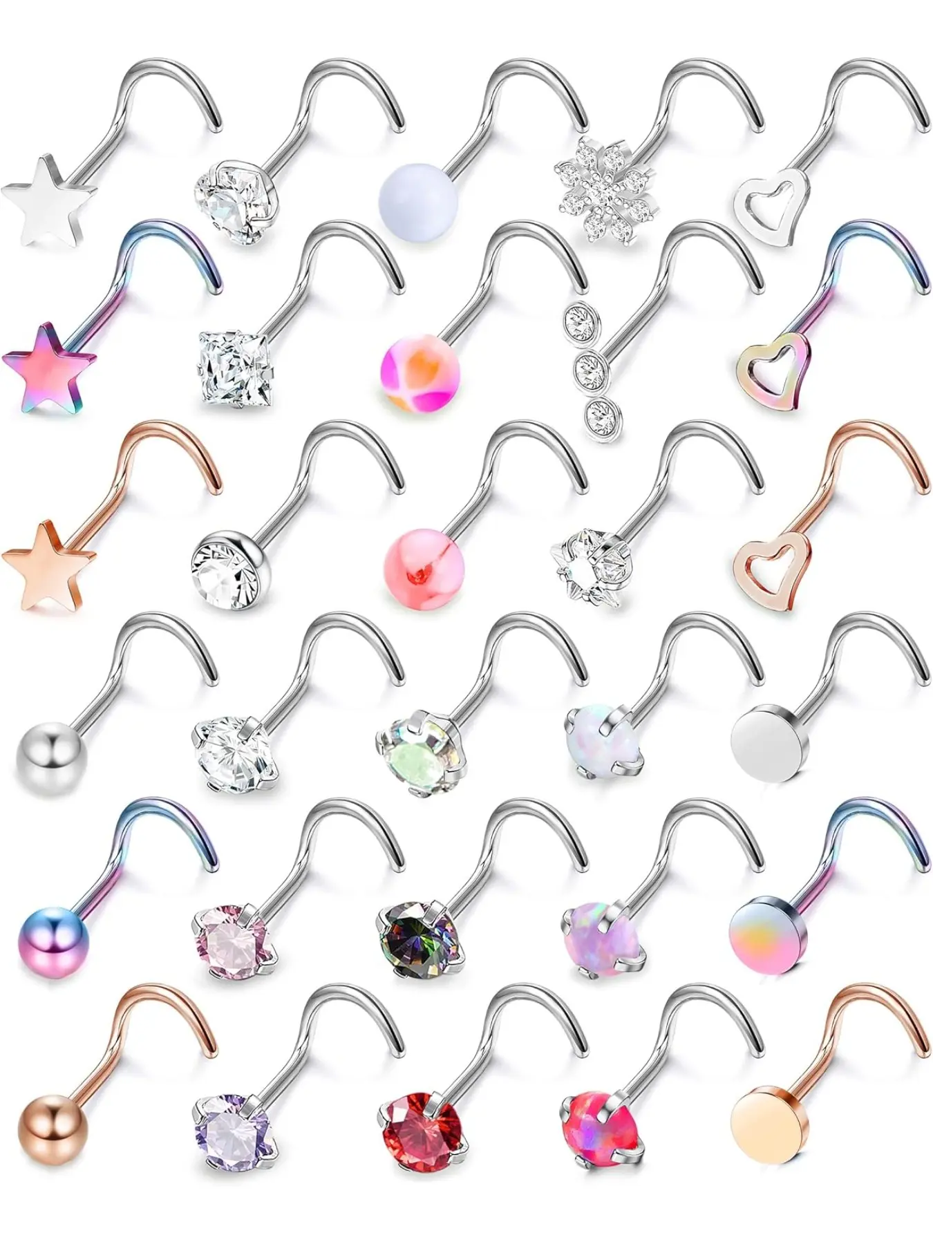 30Pcs Nose Rings Studs for Women Men 316L Stainless Steel Chic Body Jewelry Nose Piercings Jewelry 18G 20G Straight L Shaped Corkscrew Nose Rings Cubic Zirconia Created-Opal Nose Studs Hypoallergenic Artificial Zircon