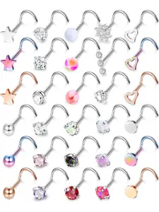 30Pcs Nose Rings Studs for Women Men 316L Stainless Steel Nose Piercings Jewelry 18G 20G Straight L Shaped Corkscrew Nose Rings Cubic Zirconia Created-Opal Nose Studs Hypoallergenic Fashion Body Jewelry