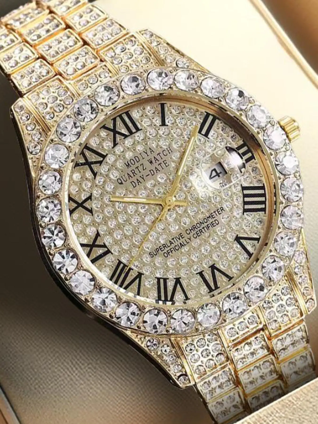 Men's Luxury Rhinestone Decorated Round Dial Quartz Watch, with Box, Fashionable Exquisite Wristwatch, Trendy Watch for Party, Daily Clothing Decor, N