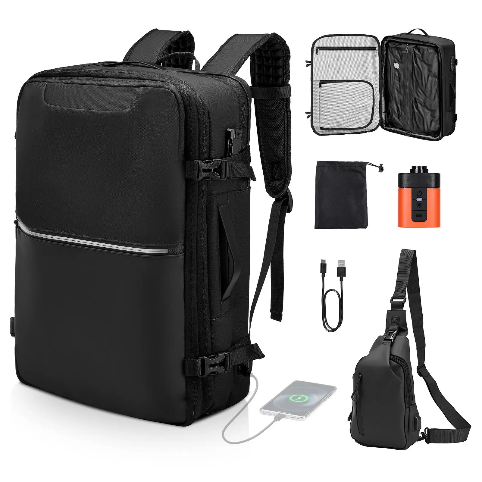 Vacuum Travel Backpack 80L, Expandable Vacuum Seal Compression Backpack with Pump, TSA-Approved Lock, Airback Vacpack, Water-Resistant Carry-On Luggage, Ideal for Business Travel, Black