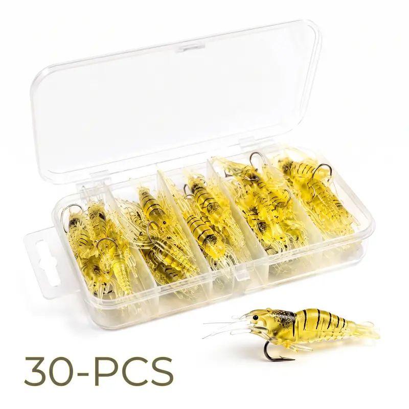 High-Quality Silicone Flexible Pre-Rigged Artificial Shrimp Fishing Lures with Tackle Box, 1.77 in - 30/60/90 Count Options for Outdoor Fishing & Repeated Casts