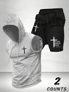 Summer Men's Set Letter Cross Pattern Print Hooded Sleeveless Vest + Casual Waist Drawstring Shorts Two-Piece Outdoor Sports Set Sports Suit Set Sporty Set
