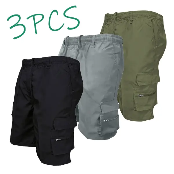 Men's 3-Pack Cargo Shorts with Drawstring Waist & Large Pockets, Casual Solid Color Summer Menswear Set, Plain, Basic, Adjustable, Normal Type, Simple, 3Pair Color Mix, Black + Gray + Army Green