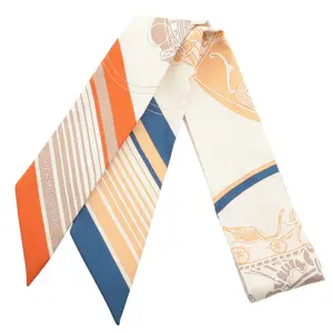 Pre-owned HERMÈS silk Bag Accessories HERMES TWILLY SCARF Ex Libris Beige Blue Brown Orange
